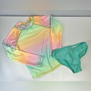 Swim Set Girls 6 6X Rainbow Pastel Swim Rashguard & Pastel Green teal bottoms